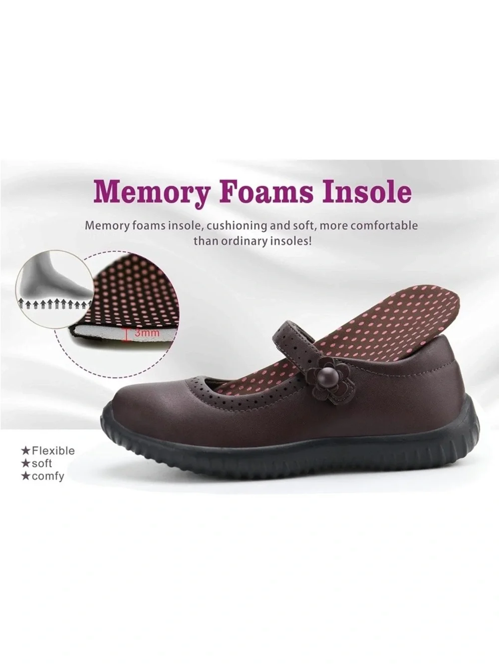 Girls Dark Brown Mary Jane School Shoes With Floral Accent Size 10